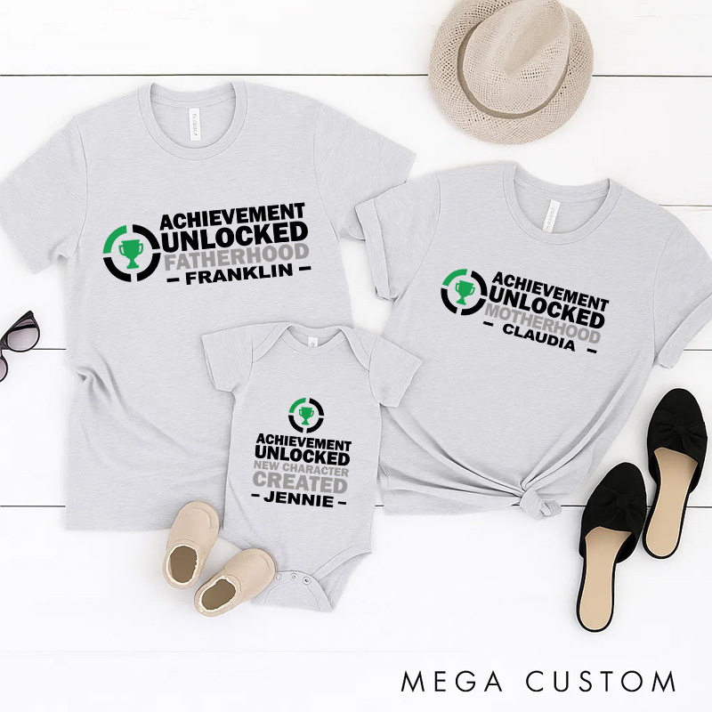 Personalized Achievement Unlocked Family Matching T-Shirts New Father Mother Shirts Funny Gamer Family Shirts Newborn Baby Gaming Shirt Father's Day