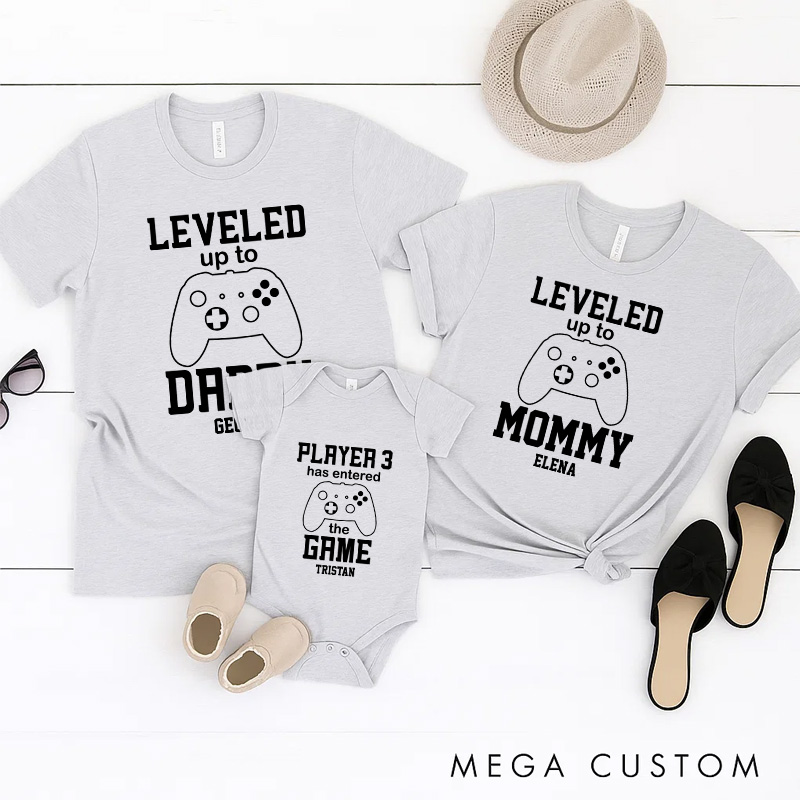 Personalized Leveled Up Family Matching T-Shirts New Father Mother Shirts Funny Gamer Family Shirts Newborn Baby Gift Geek Gaming Shirt Father's Day