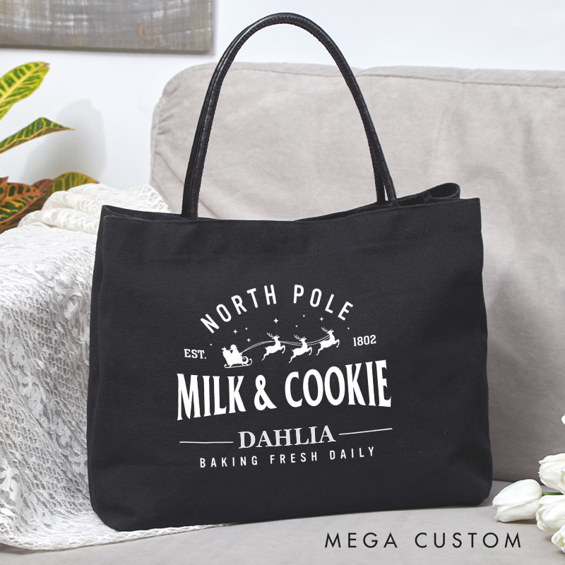 Personalized North Pole Milk and Cookie Tote Bag Christmas Cookies Canvas Bag Santa and Reindeer Bag Backing Lover Gift Baker Christmas Gift