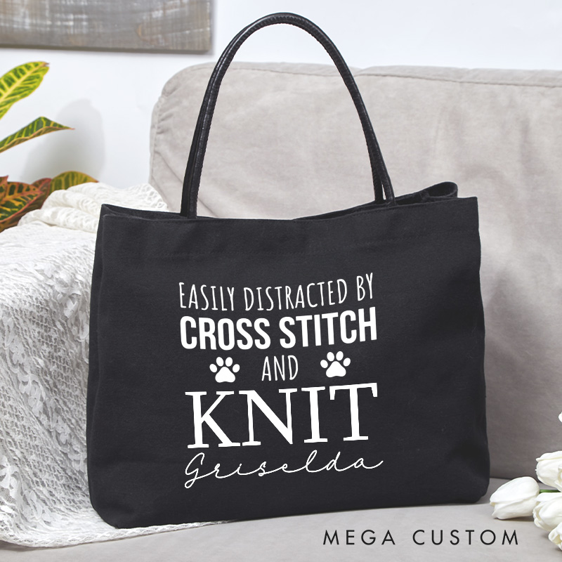 Personalized Easily Distracted By Cross Stitch And Dogs Tote Bag Crocheting Bag with Name Yarn Lovers Canvas Bag Knitter Gift Crocheter Gift