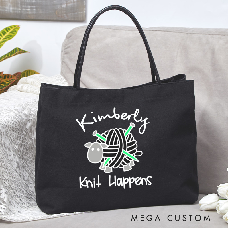 Personalized Knit Happens Tote Bag Knitting Yarn Crocheting Bag Yarn Lovers Canvas Bag Knitting Lover Bag Knitter Gift Crocheter Gift