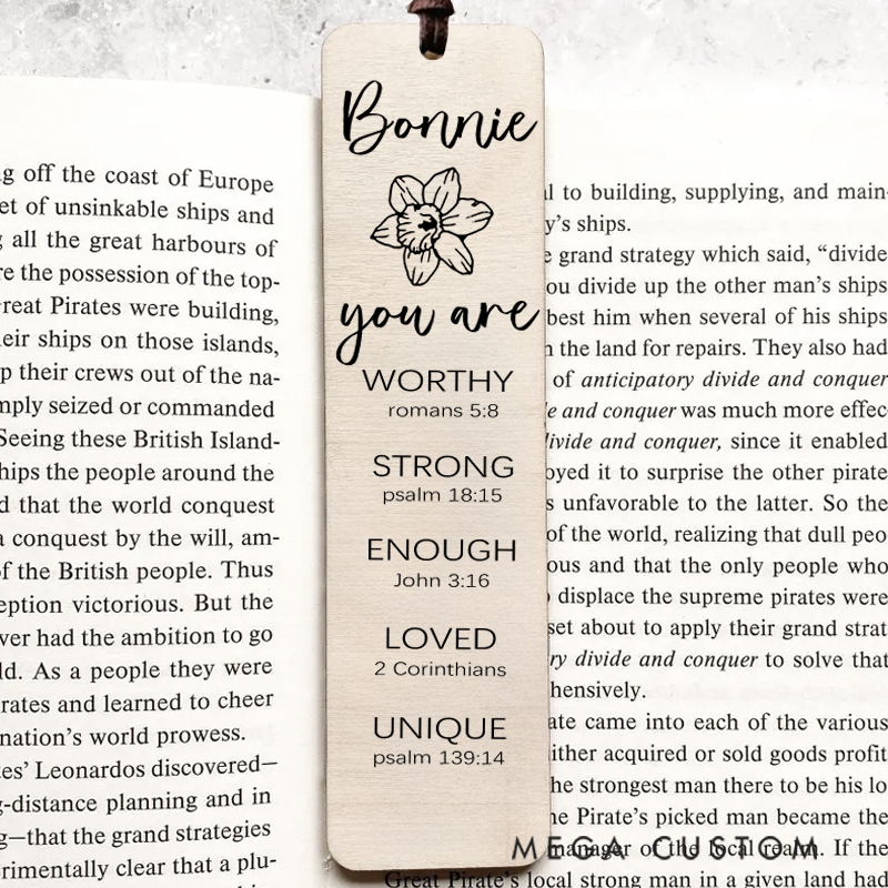 Personalized Birth Flower Bible Verse Wood Bookmark Engraved with Custom Name Christian Gifts Unique Gifts for Religious