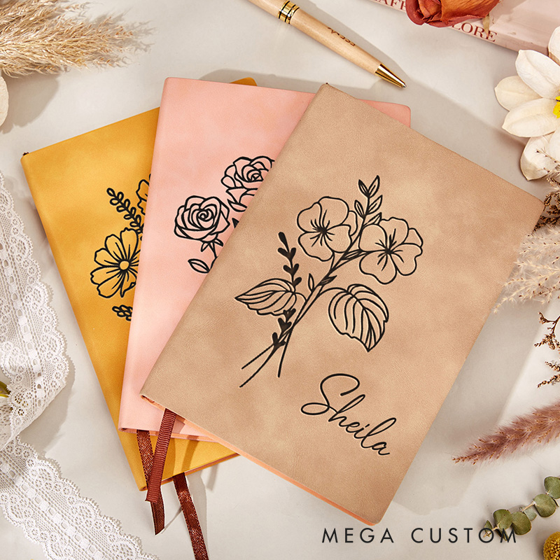 Personalized Birth Flower Leather Journal Birthday Gift Notebook Travel Gifts