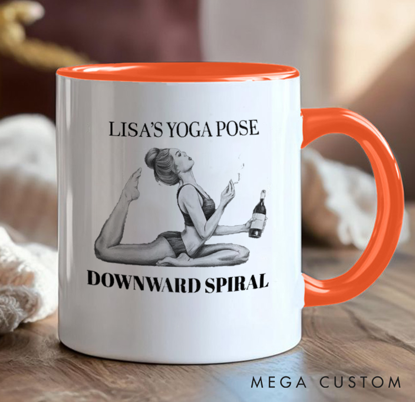 Personalized Funny Yoga Mug Can Custom Name, Humorous "Downward Spiral" Design, Perfect Gift for Yoga Lovers