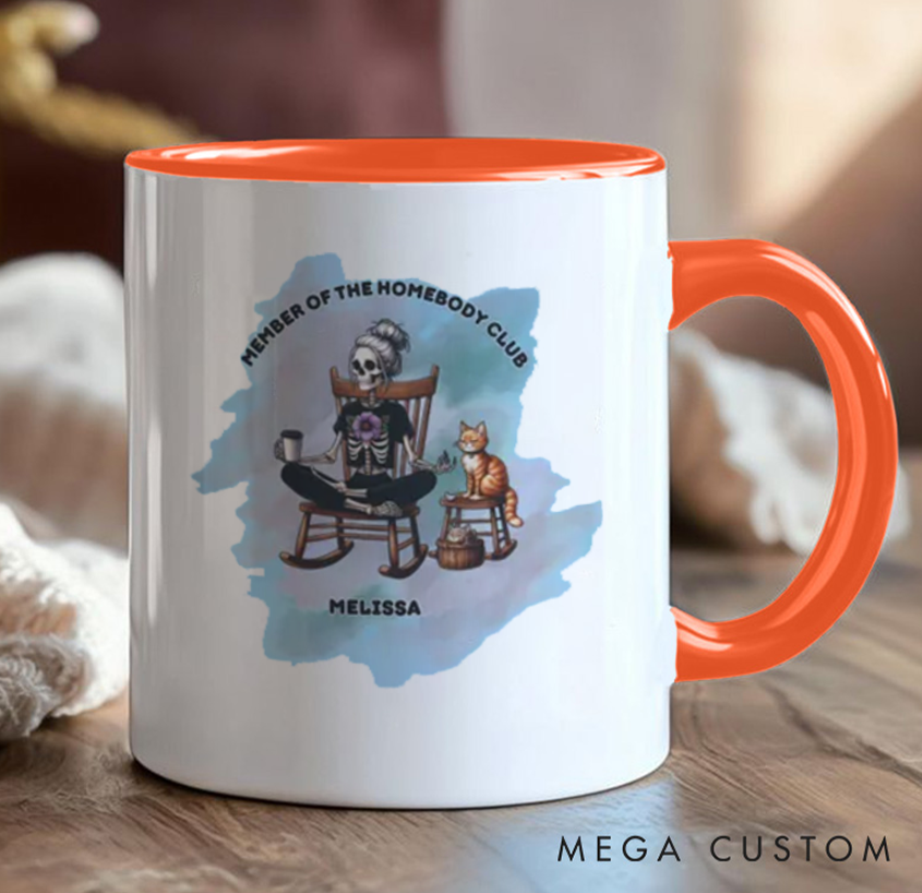 Personalized Homebody Club Mug – Funny Skeleton & Cat Design, Custom Name Option, Perfect Gift for Yoga & Relaxed Lifestyle Lovers