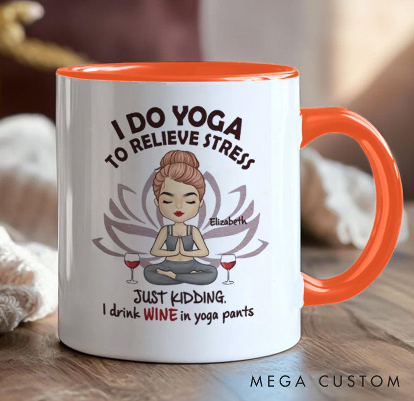 Personalized Yoga Mug Can Custom Name, Humorous "I Do Yoga... Just Kidding, I Drink Wine" Design, Perfect Gift for Yoga & Wine Lovers