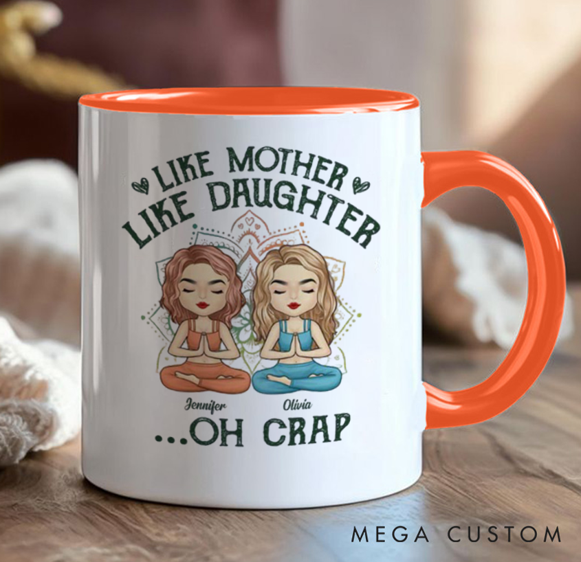 Personalized Mug with Cute Mother and Daughter Meditation Design, Can Custom Name, Perfect Gift for Mom, Daughter and Yoga Lovers