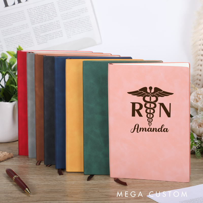 Personalized Leather Notebook for Nurse RN Caduceus Symbol Leather Journal Nurse Appreciation Gift