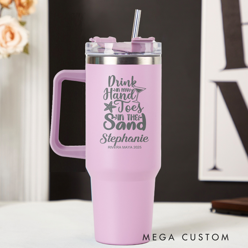 Personalized Drink in My Hand Toes in the Sand Tumbler Travel Lover Tumbler 40OZ Stainless Steel Tumbler Laser Engraved Tumbler Engraved Tumblers with Name Gift for Vacation