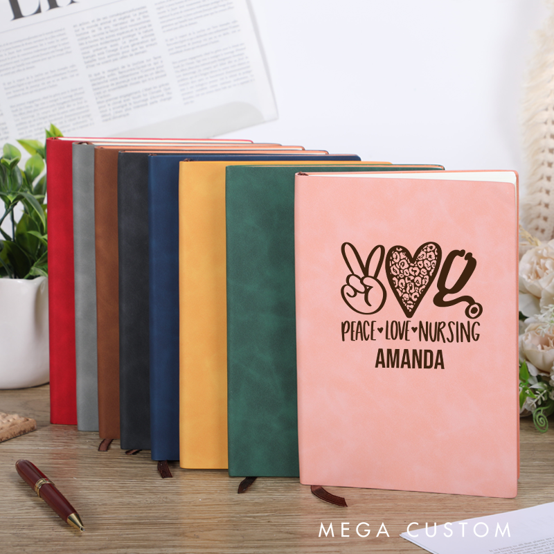 Personalized Leather Notebook for Nurse Peace Love Nursing Leather Journal Nurse Appreciation Gift