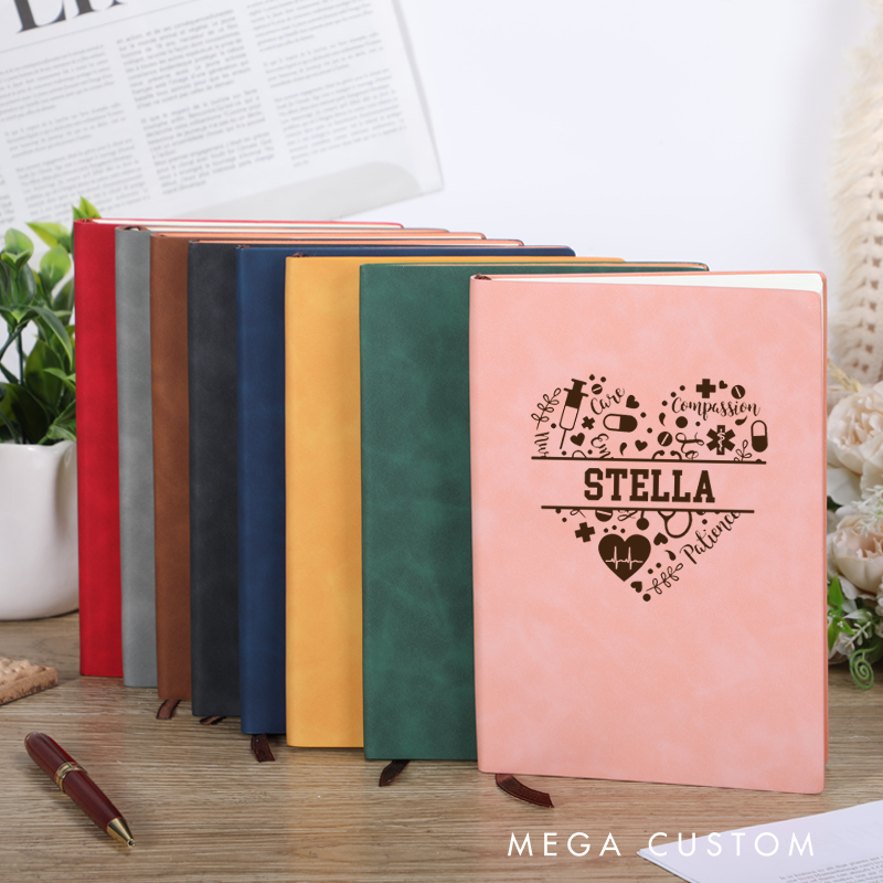 Personalized Leather Notebook for Nurse Heart Shaped Design Filled with Symbols of Healthcare Design Leather Journal Nurse Appreciation Gift