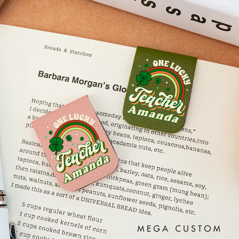 Personalized Teacher Leather Magnetic Bookmark One Lucky Teacher Rainbow and Shamrock Design Gift for Teachers