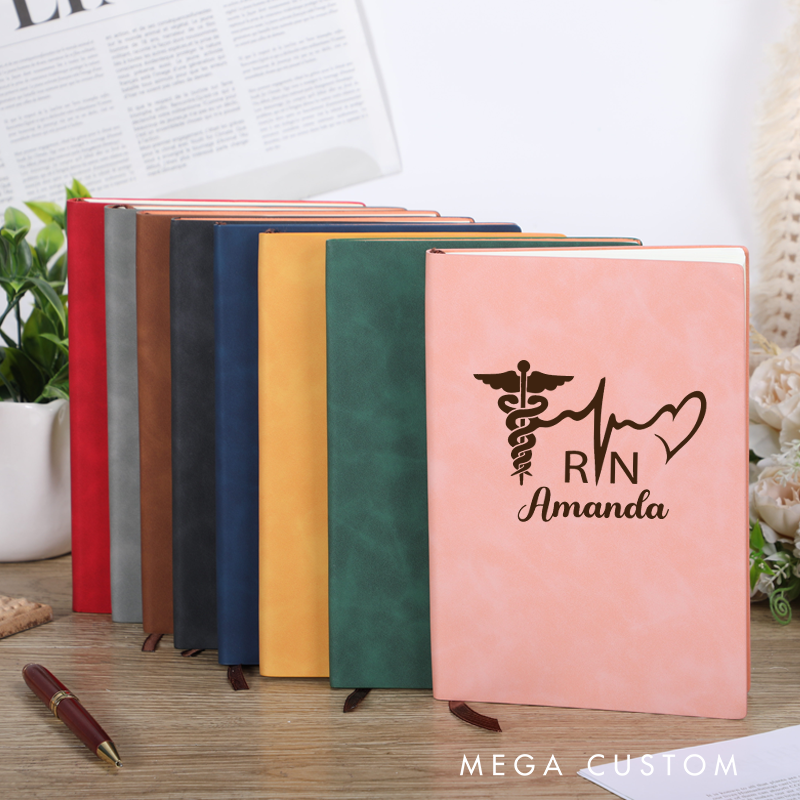 Personalized Leather Notebook for Nurse RN and a Heartbeat Line Leather Journal Nurse Appreciation Gift