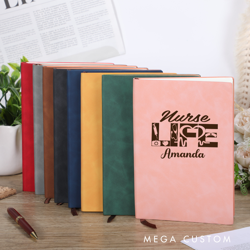 Personalized Leather Notebook for Nurse with Medical Themed Patterns Integrated into the Letters Leather Journal Nurse Appreciation Gift