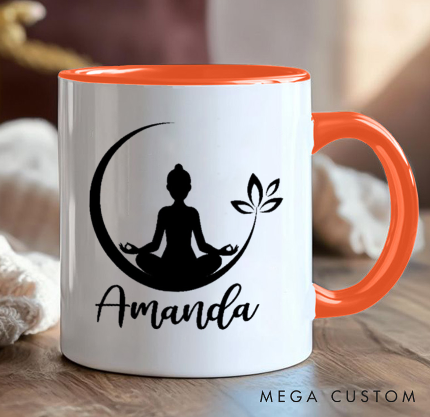 Personalized Yoga Mug Minimalist Meditation Design with Moon & Leaf Custom Name Perfect Gift for Yoga & Mindfulness Lovers