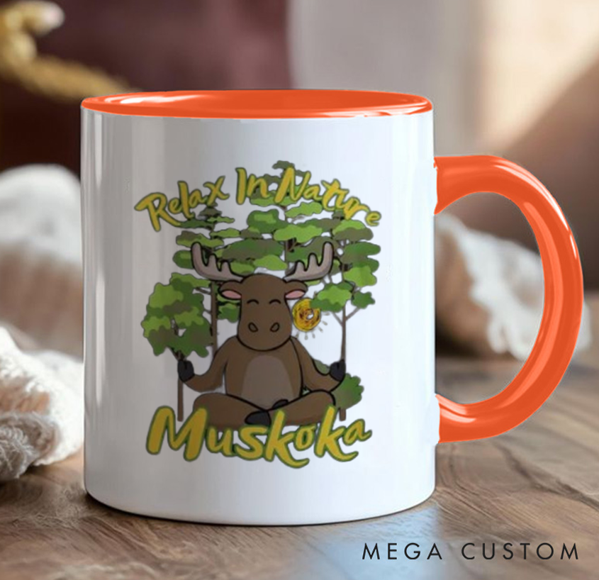 Personalized Yoga Mug with Cute Moose and Forest Design Custom Place Name Perfect Gift for Nature Lovers and Yoga Lovers
