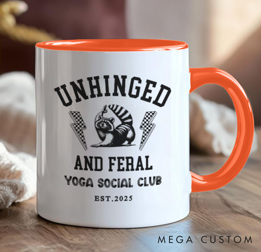 Personalized Yoga Mug with The Words "Crazy Wild Yoga Social Club" Printed on It Funny Raccoon Mug Custom Name Perfect Gift for Yoga Lovers