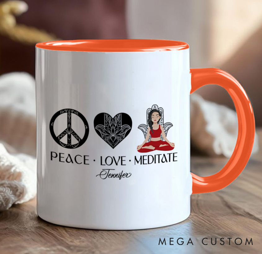 Personalized Yoga mug "Peace Love and Meditate" Zen-Inspired Design Custom Name Perfect Gift for Yoga, Meditation and Mindfulness Enthusiasts