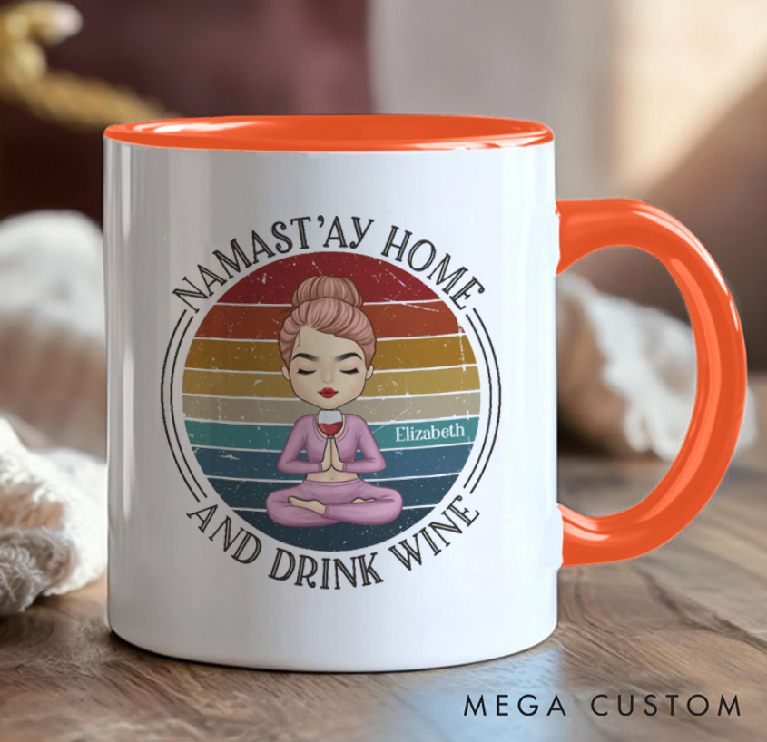 Personalized Yoga Mug Funny "Namast'ay Home and Drink Wine" Design with Retro Style Custom Name Perfect Gift for Yoga and Wine Lovers