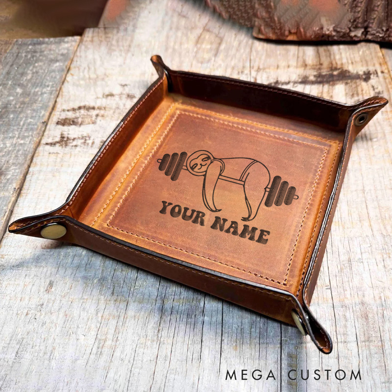 Personalized Sloth Weightlifting Design Leather Tray Organizer Monogrammed Home Decor Catchall Tray Gifts for Him Fitness Enthusiasts