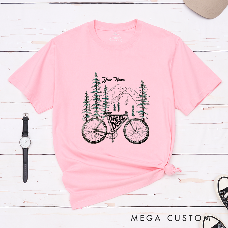 Personalized Bicycle T-Shirt with Scenic Mountain and Forest Elements for Outdoor Adventures Riding Cycling Biking Enthusiasts