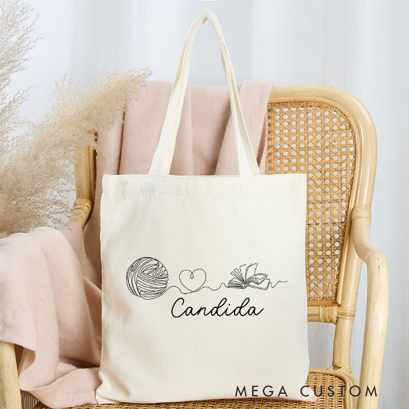 Personalized Yarn And Book Tote Bag Bookish Bag Crocheter Bag Knitter Bag Yarn Lover Gift for Knitting Lover Gift Reading Lover Gift