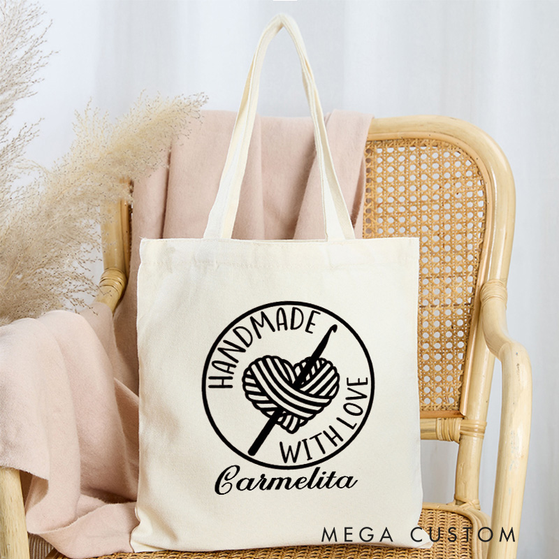 Personalized Handmade with Love Tote Bag Crocheter Bag with Name Yarn Lover Gift for Knitting Lover Gift Crocheting Lover Gift