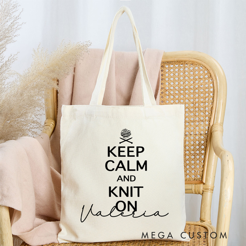 Personalized Keep Calm And Knit On Tote Bag Knitter Bag with Name Yarn Lover Bag for Knitting Lover Gift for Knitter