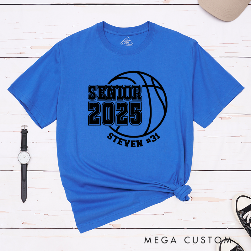 Personalized Senior 2025 Basketball T-Shirt with Custom Name and Jersey Number Featuring a Classic Basketball Graphic for a Trendy School Spirit Look