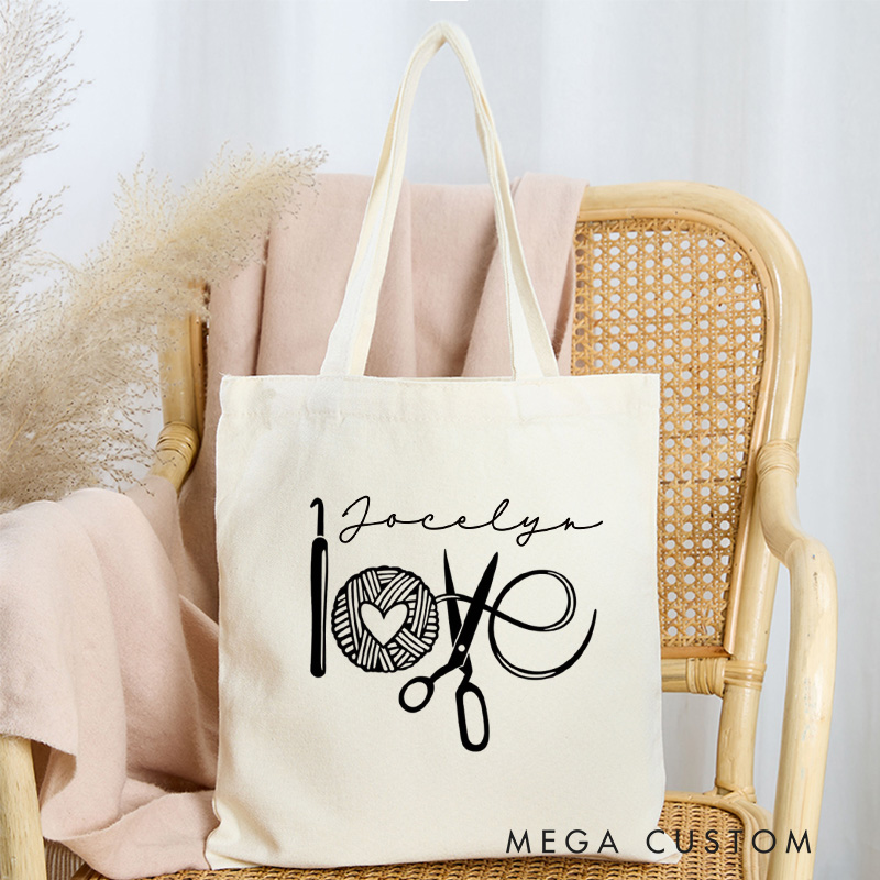 Personalized Crochet Love Tote Bag Knitter Canvas Bag with Name Yarn Lover Bag for Knitting Lover Gift Crocheting Lover Gift