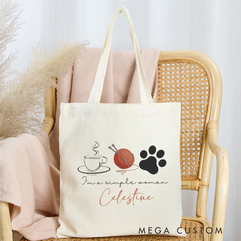 Personalized I'm A Simple Women Tote Bag Coffee Yarn Dogs Bag Canvas Crocheter Bag with Name Yarn Lover Gift Knitting Gift Crocheting Gift