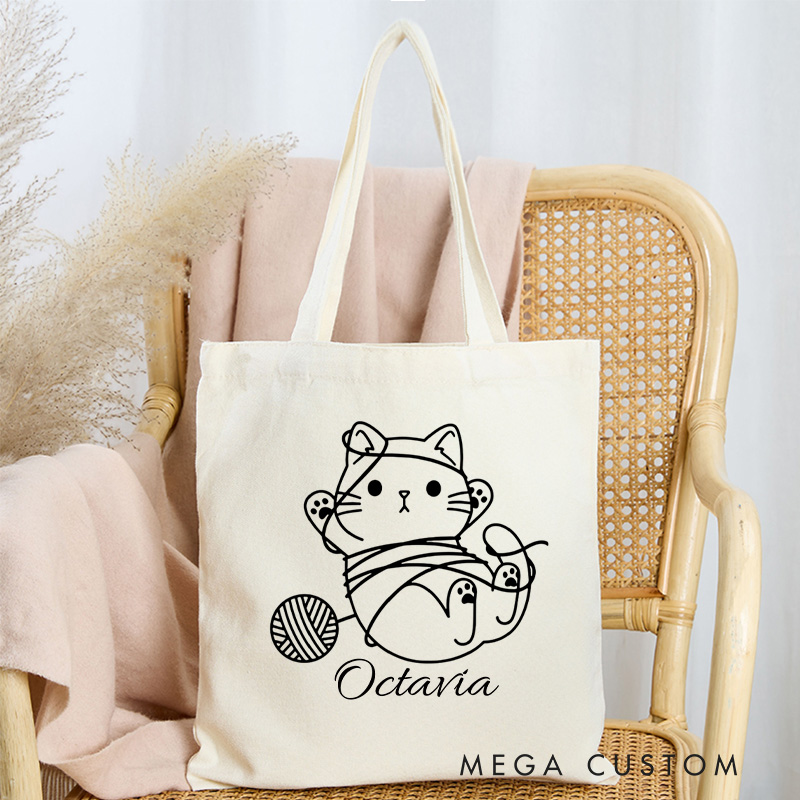 Personalized Cat Knitting Tote Bag Canvas Yarning Bag Crochet Lover Bag with Name Yarn Lover Gift Knitting Gift Crocheting Gift