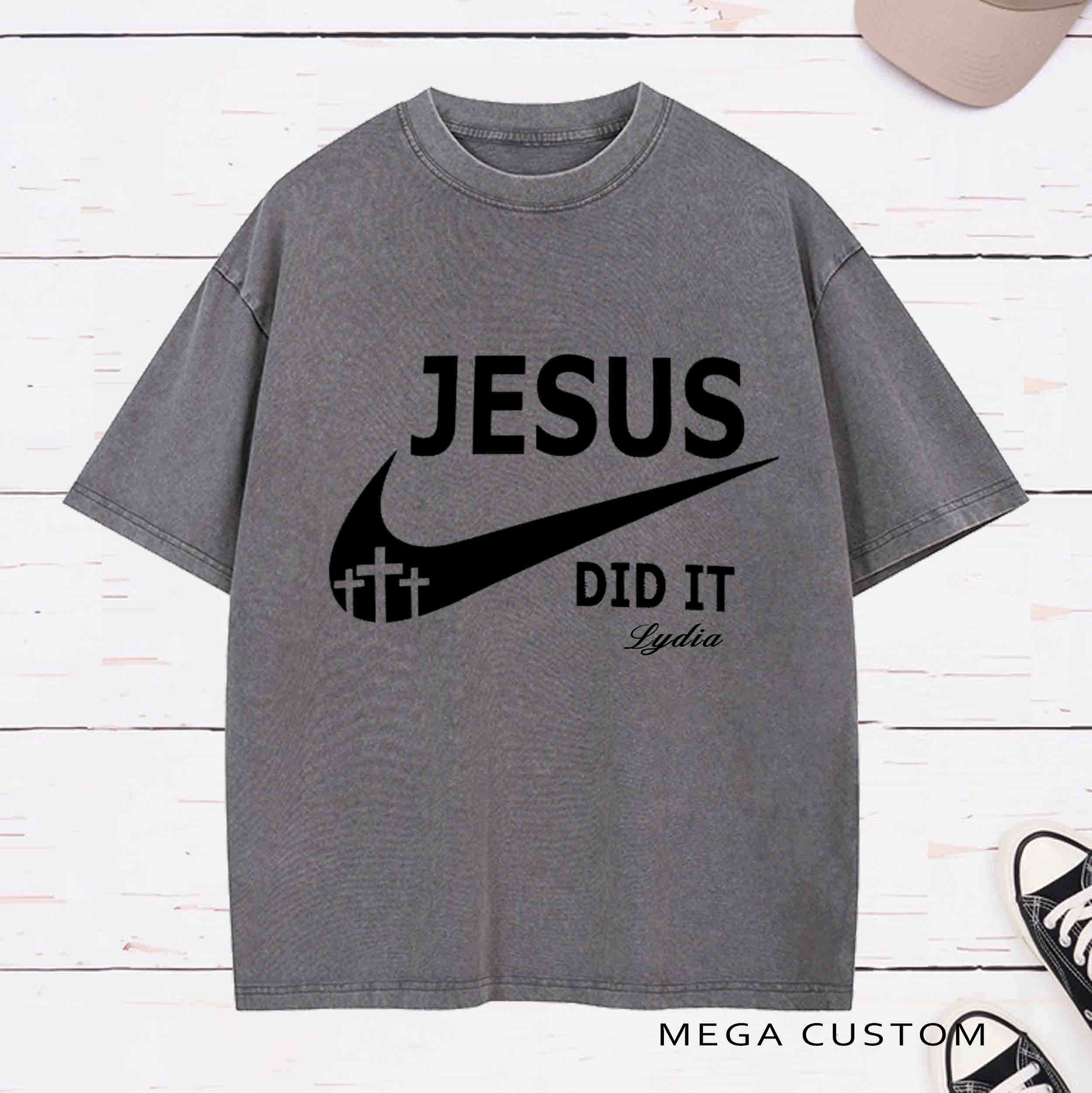 Personlized Character Bible Verse Jesus Did It and Christian Cross Printed Washed T-Shirt with Name Birthday Baptism Gift for Christian   