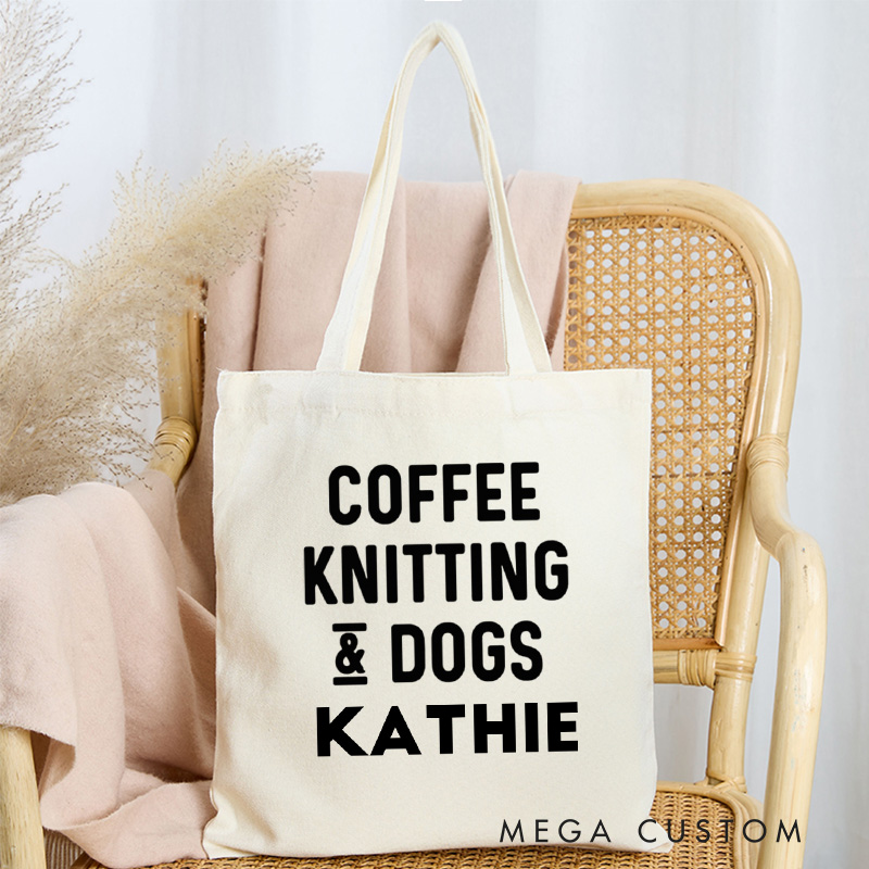 Personalized Coffee Knitting Dogs Tote Bag Knitting Lover Bag Canvas Bag with Name Yarning Bag for Knitting Lover Gift