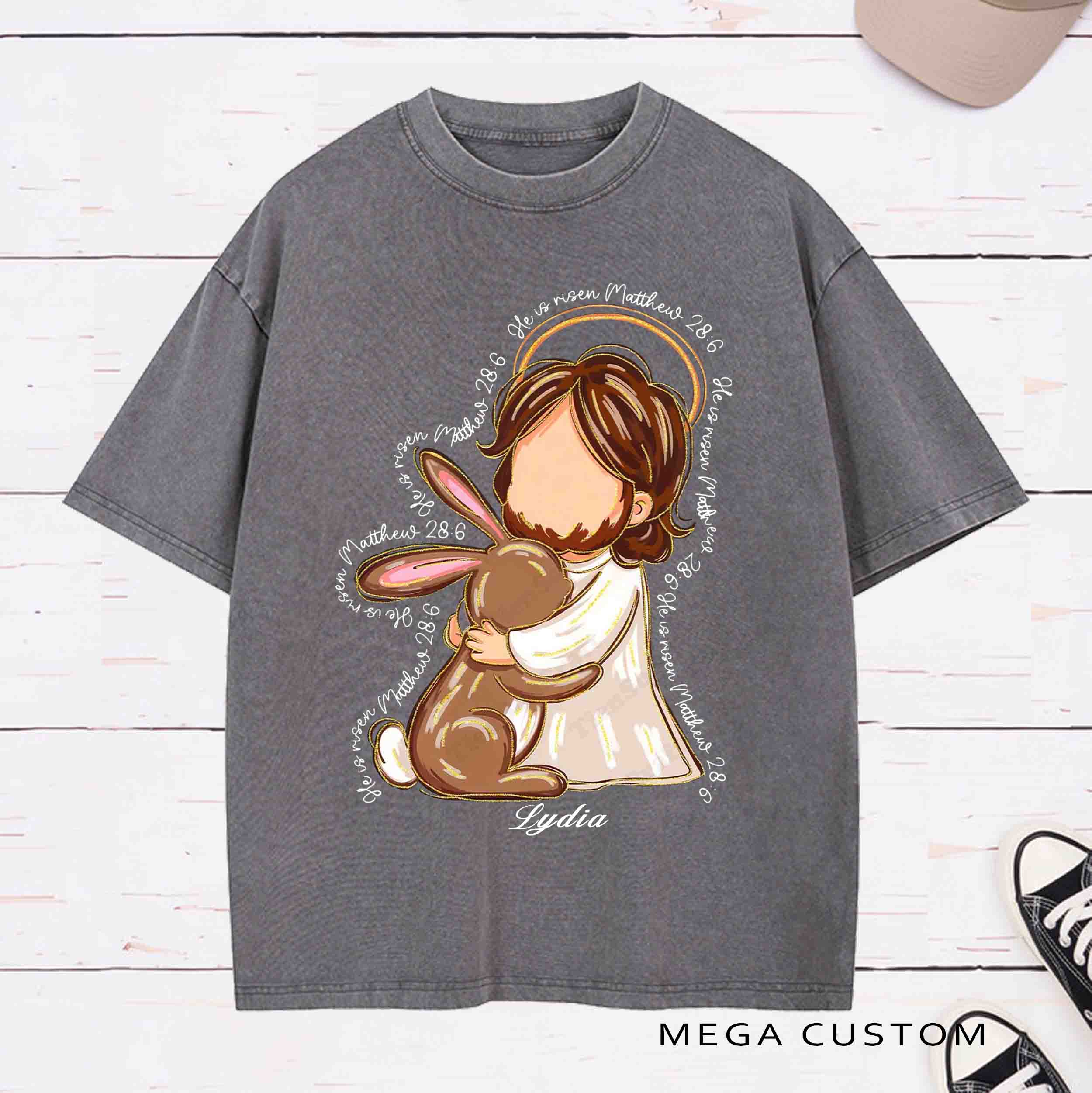 Personalized Character He Is Risen Washed T-Shirt with Name Birthday Easter Gift for Christian
