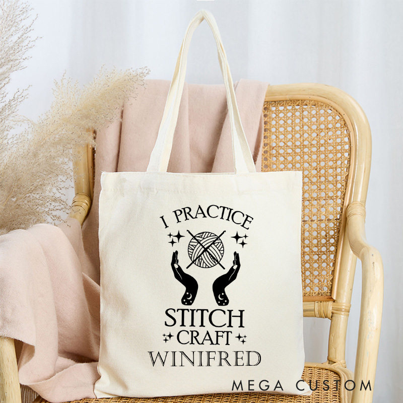 Personalized I Practice Stitch Craft Tote Bag Yarning Canvas Bag Crochet Lover Bag with Name Yarn Lover Gift Knitting Gift Crocheting Gift