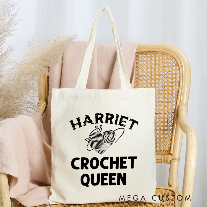 Personalized Crochet Queen Tote Bag Yarning Canvas Bag Custom Crochet Lover Bag with Name Yarn Lover Gift Crocheting Gift
