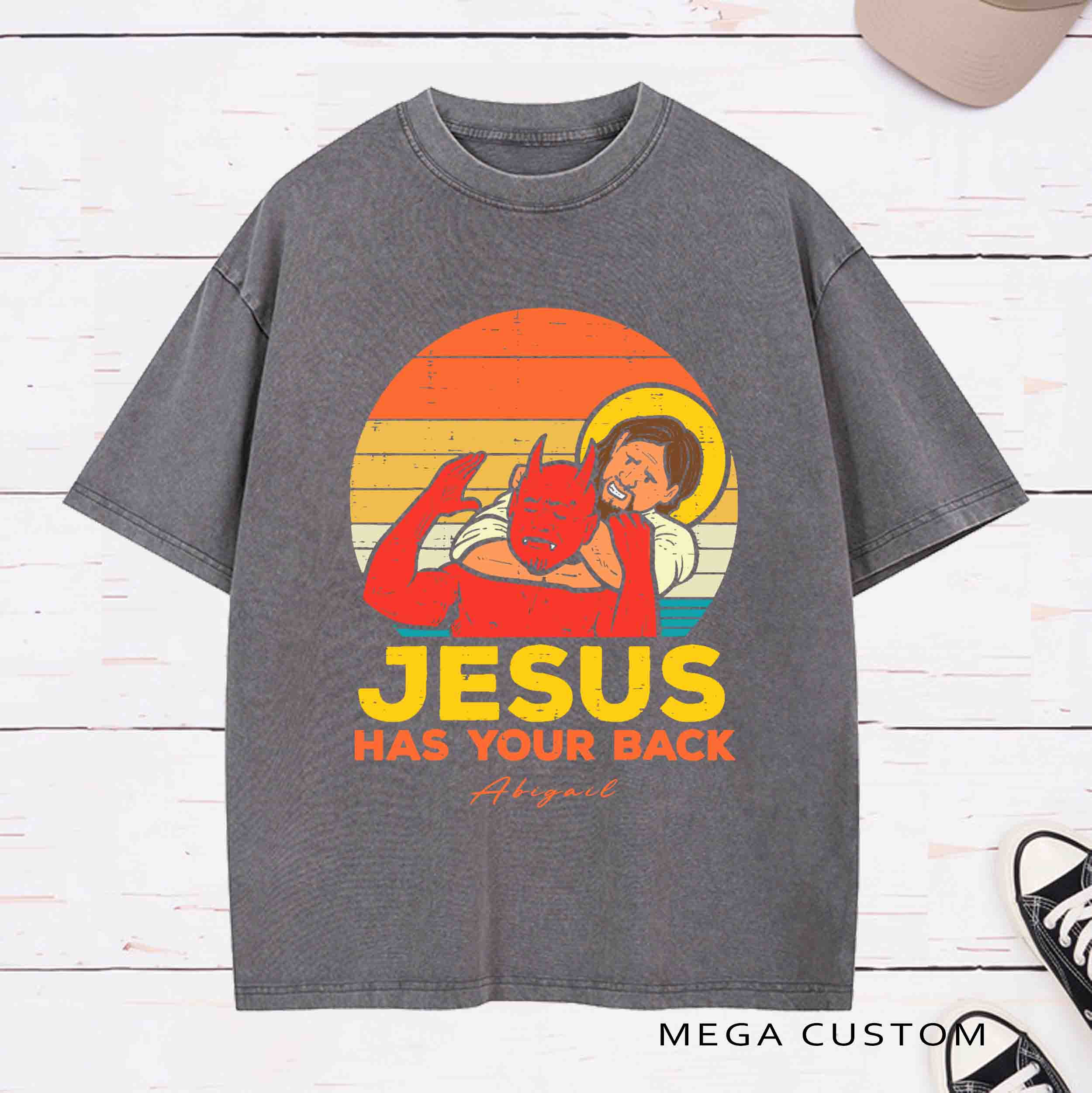 Personalized Character Jesus Has Your Back Washed T-Shirt with Name Birthday Easter Gift for Christian