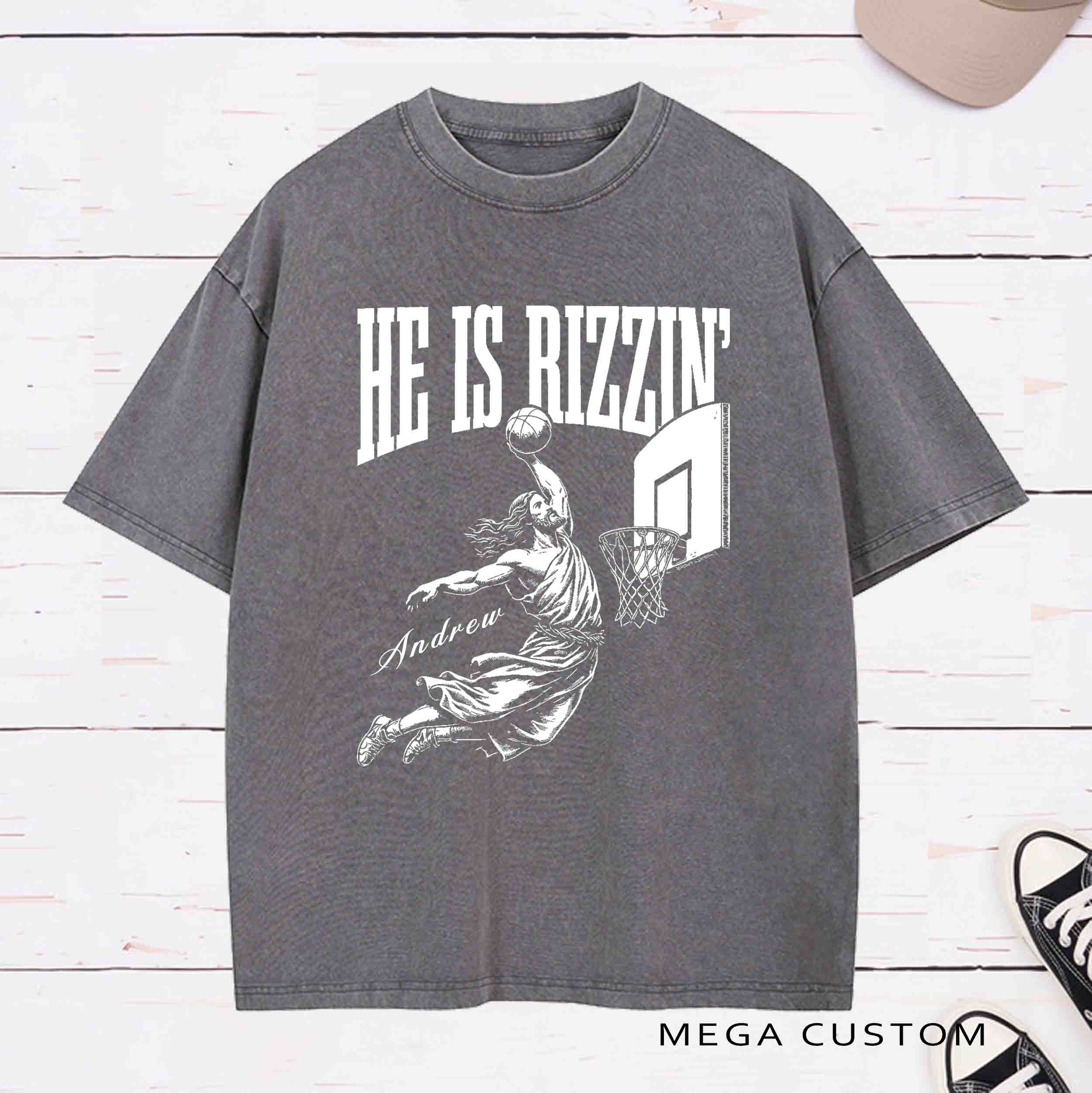 Personalized Character He Is Rizzin Washed T-Shirt with Name Birthday Easter Gift for Christian