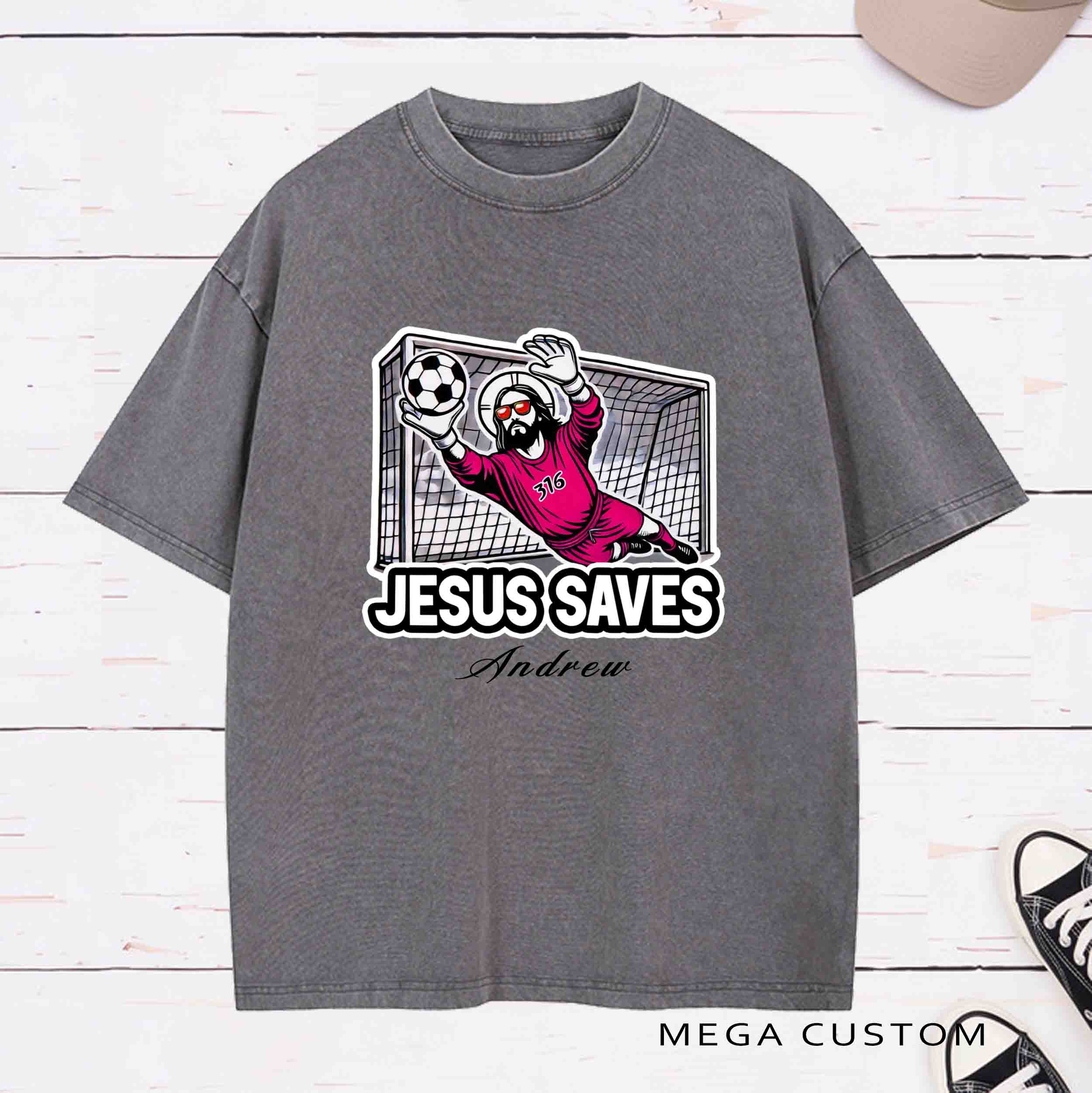 Personalized Character Jesus Saves Washed T-Shirt with Name Birthday Easter Gift for Christian