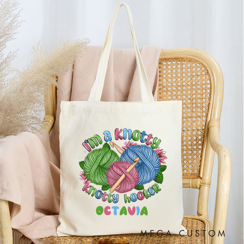 Personalized I’m A Knotty Hooker Crochet Tote Bag Canvas Crochet Lover Bag Yarn Lover Gift Knitting Lover Gift Crocheting Lover Gift