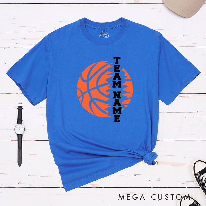 Personalized Basketball Team T-Shirt Design Featuring Custom Team Name Vertical Bold Text Flaming Orange Basketball Graphic