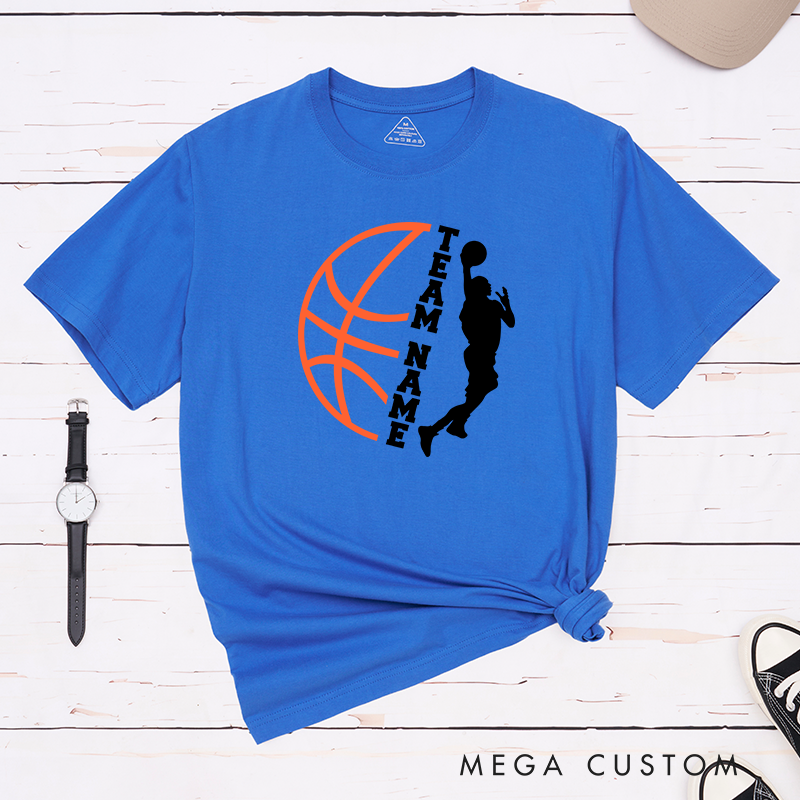 Personalized Basketball Team T-Shirt Design Featuring Custom Team Name Player Silhouette Bold Orange Basketball Graphic