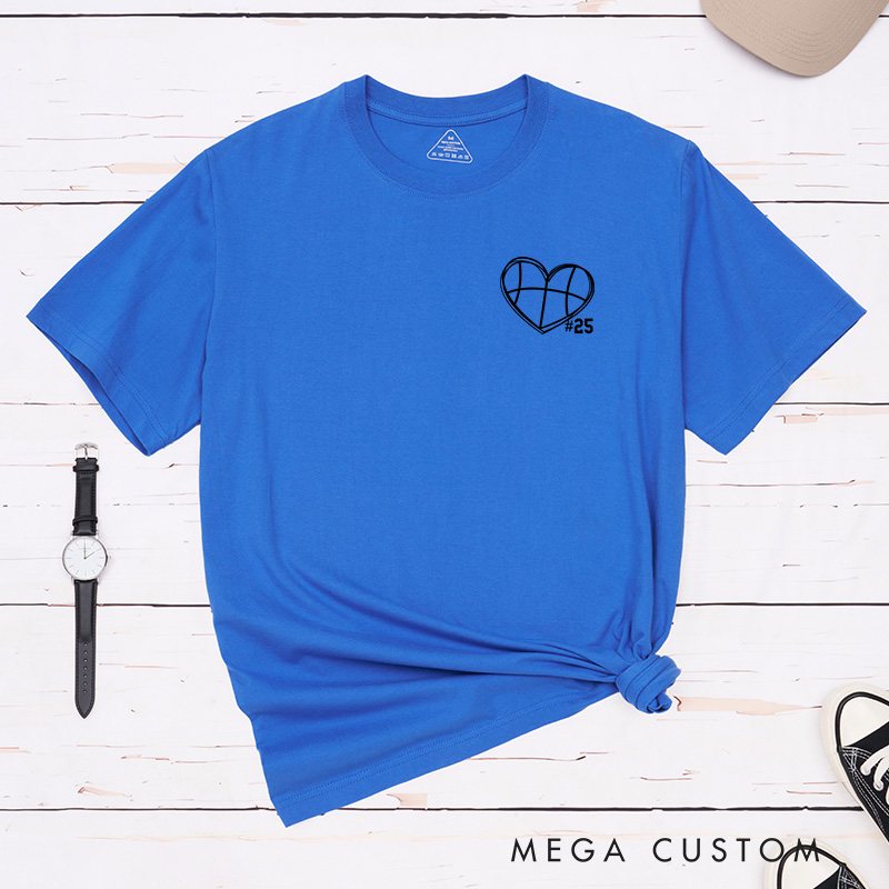 Personalized Basketball Heart T-Shirt with Custom Jersey Number Design
