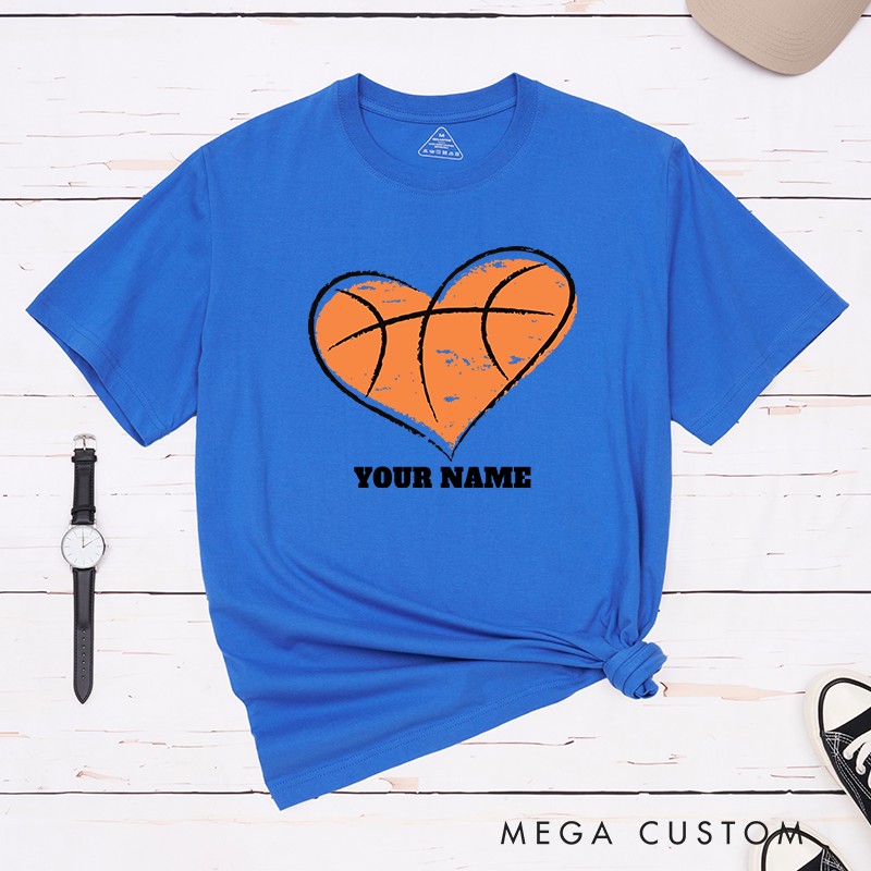 Personalized Basketball T-Shirt Design Featuring Heart Shaped Basketball Graphic Customizable Name Bold Text and Distressed Artistic Style