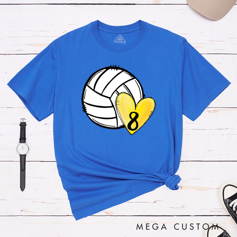 Personalized Volleyball T-Shirts with Colorful Heart Designs Featuring Your Number