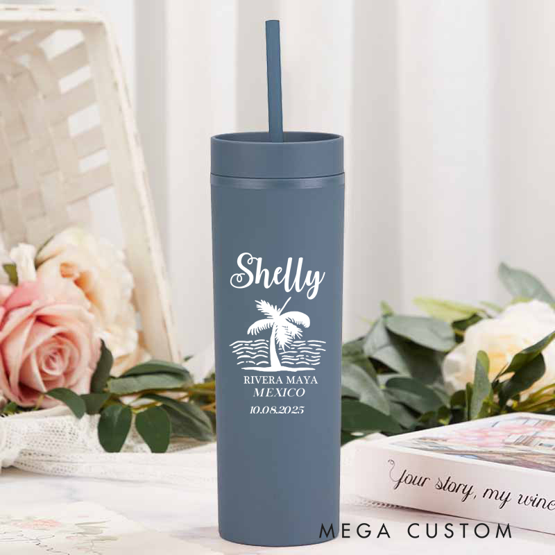 Personalized Beach Vacation Skinny Tumbler Cups for Traveling Lovers Palm Tree Tumbler Gift for Travelers