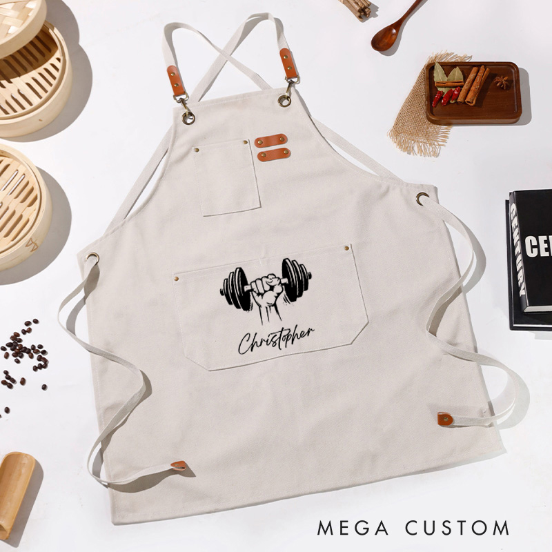 Personalized Gym Lover Canvas Apron with Pockets Housewarming Gift Kitchen Apron with Name Custom Chef Apron New Home Gift Housewarming Gift