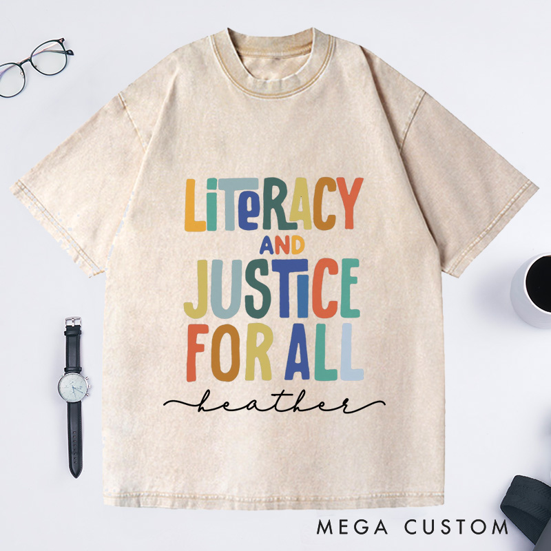 Personalized Literacy and Justice for All  Washed T-Shirts Book Club Shirt Reading Teacher Shirt