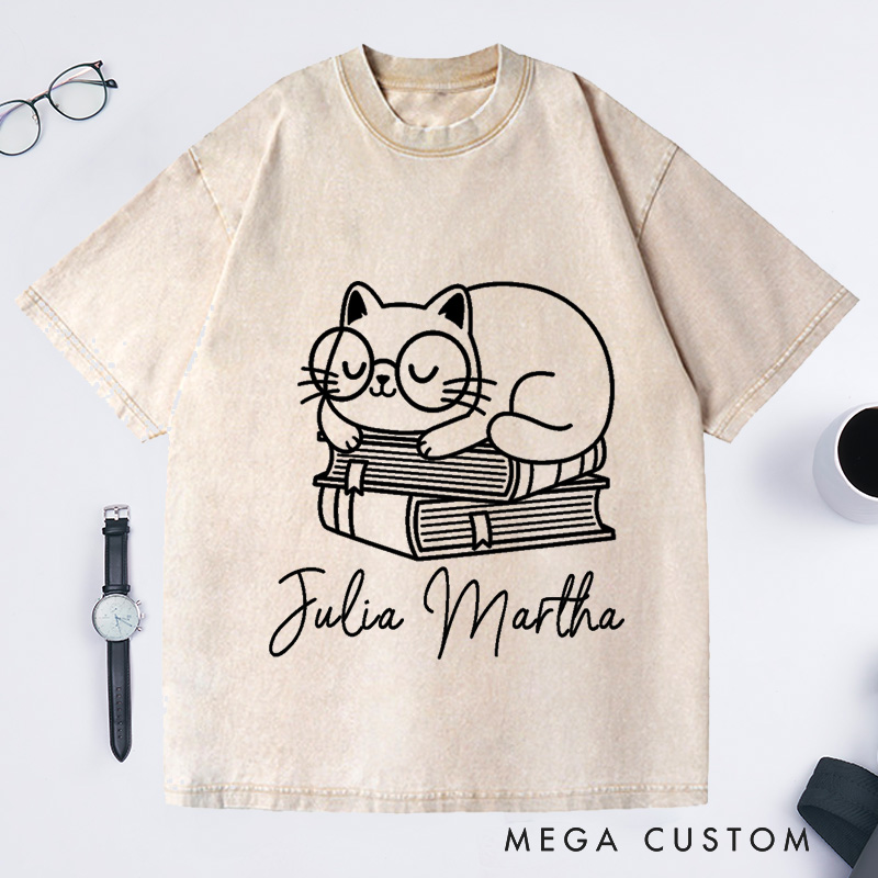 Personalized Books and Cat Washed T-Shirts Book Lover Shirt Funny Cat Shirt Book Lover Gift